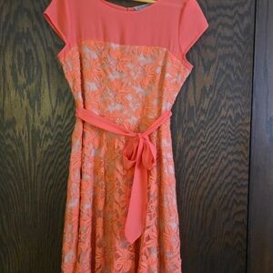 Danny & Nicole Coral Lace Midi Dress with Waist Tie